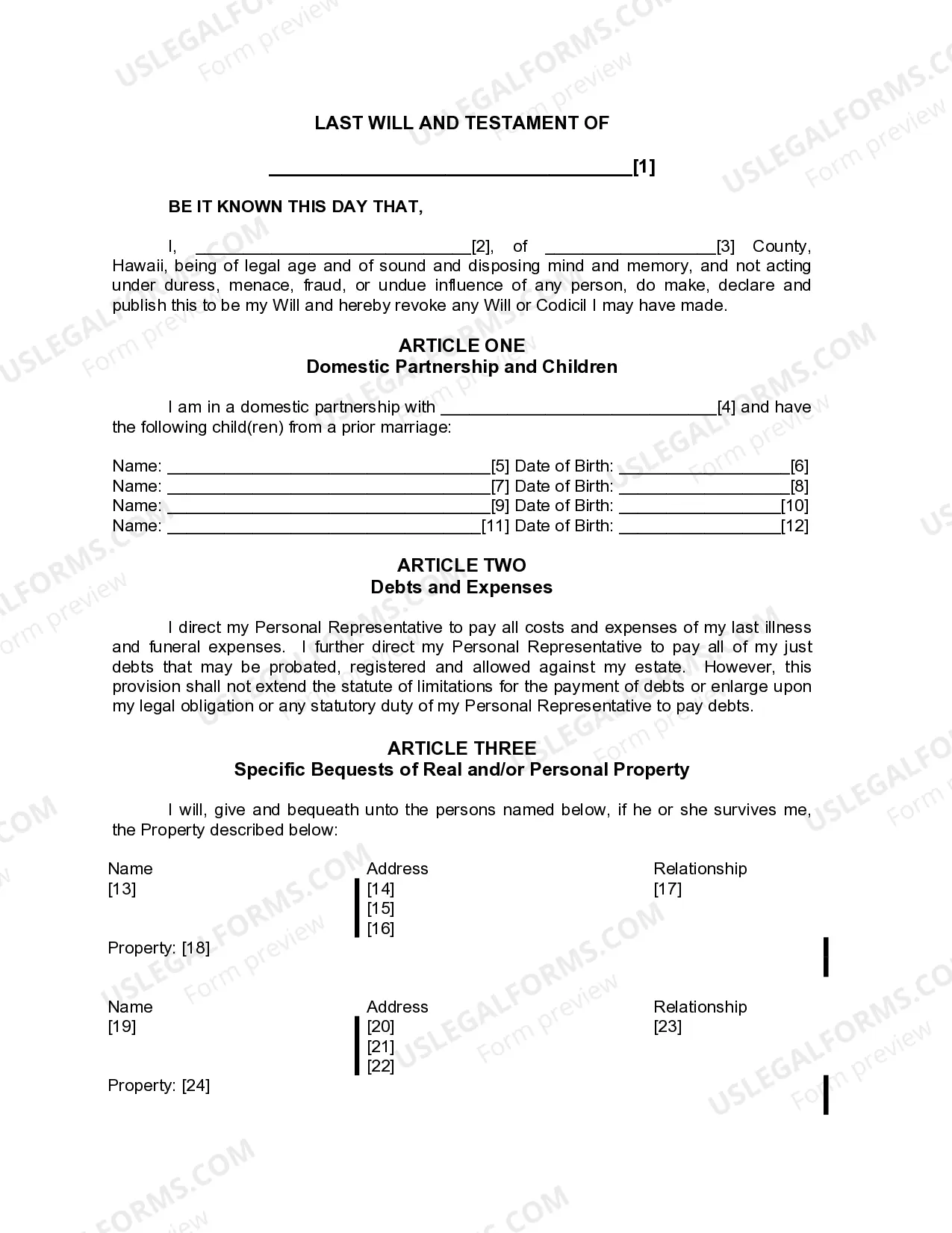 Preview Last Will and Testament for Domestic Partner with Adult and Minor Children from Prior Marriage