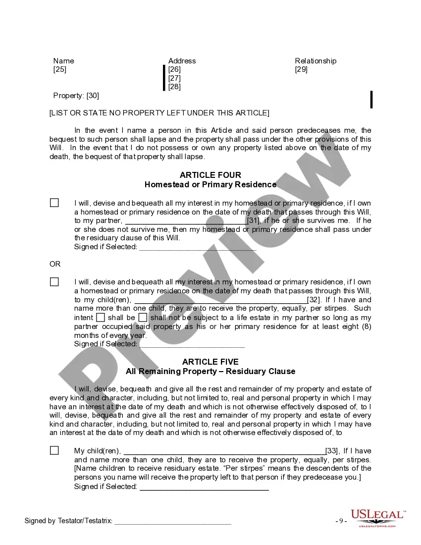 Preview Last Will and Testament for Civil Union Partner with Adult and Minor Children from Prior Marriage