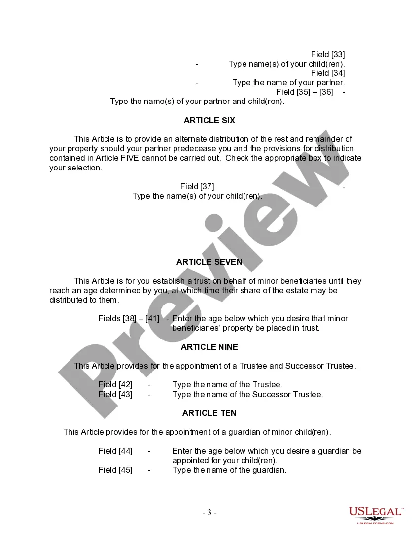 Preview Last Will and Testament for Civil Union Partner with Adult and Minor Children from Prior Marriage