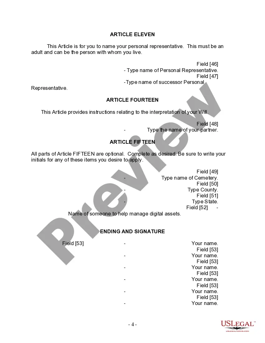 Preview Last Will and Testament for Civil Union Partner with Adult and Minor Children from Prior Marriage