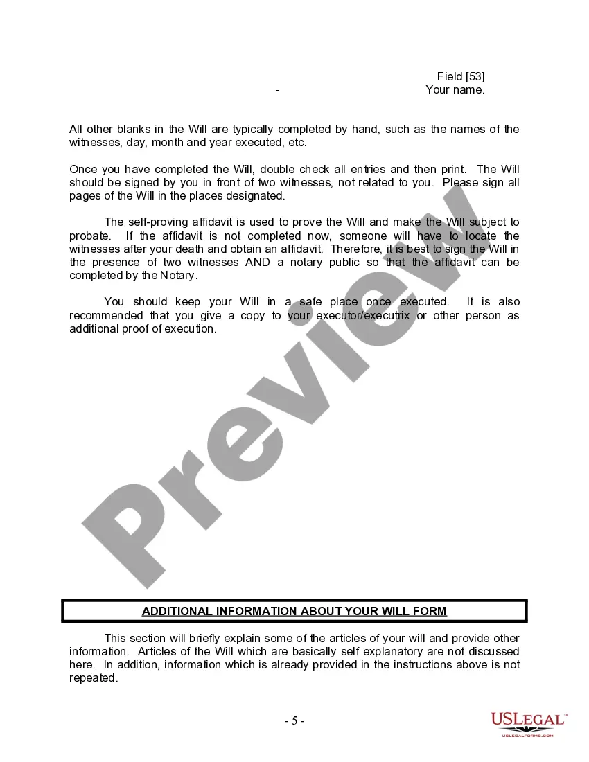 Preview Last Will and Testament for Civil Union Partner with Adult and Minor Children from Prior Marriage