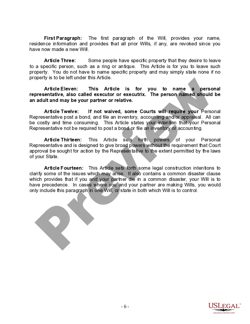 Preview Last Will and Testament for Civil Union Partner with Adult and Minor Children from Prior Marriage