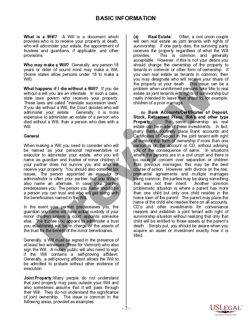 Preview Last Will and Testament for Civil Union Partner with Adult and Minor Children from Prior Marriage