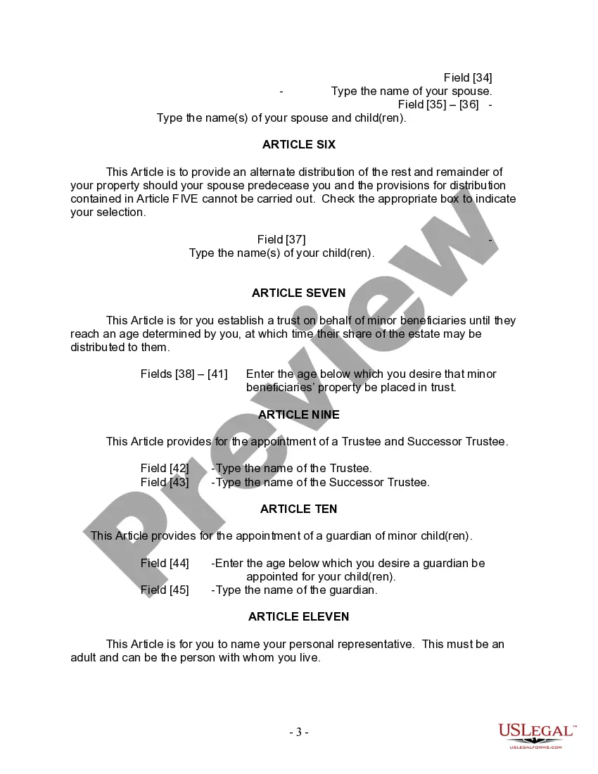 Preview Last Will and Testament for Married Person with Adult and Minor Children from Prior Marriage