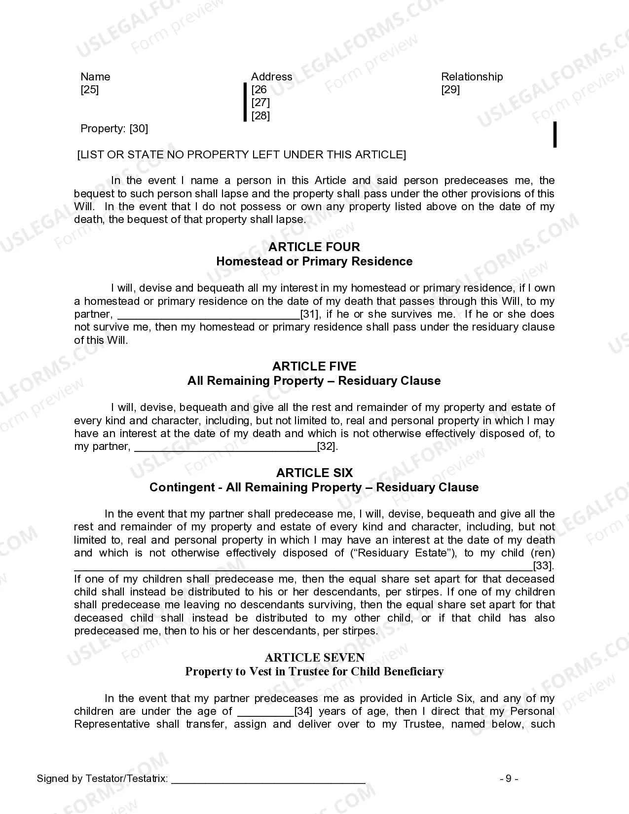 Preview Last Will and Testament for Civil Union Partner with Adult and Minor Children