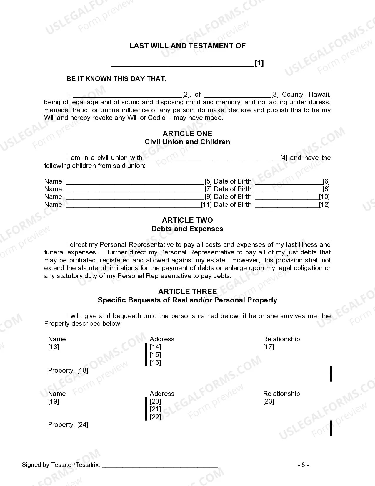Preview Last Will and Testament for Civil Union Partner with Adult and Minor Children