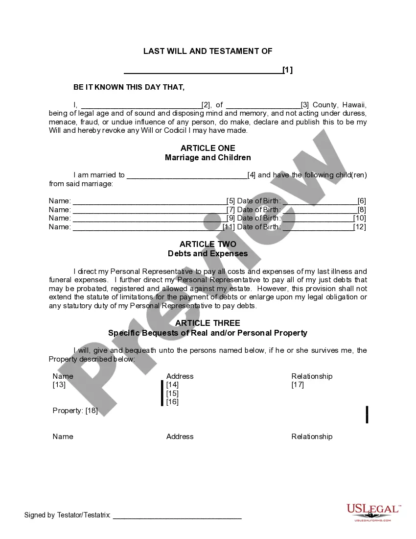 Preview Last Will and Testament for Married Person with Adult and Minor Children