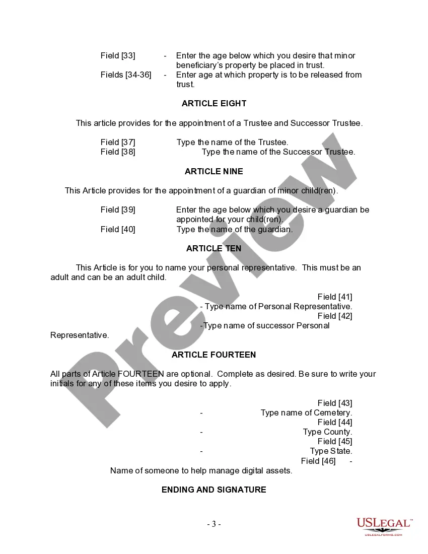Preview Last Will and Testament for a Widow or Widower with Adult and Minor Children