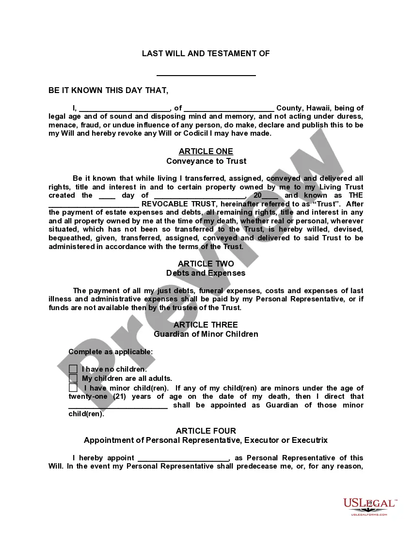 Preview Last Will and Testament with All Property to Trust called a Pour Over Will