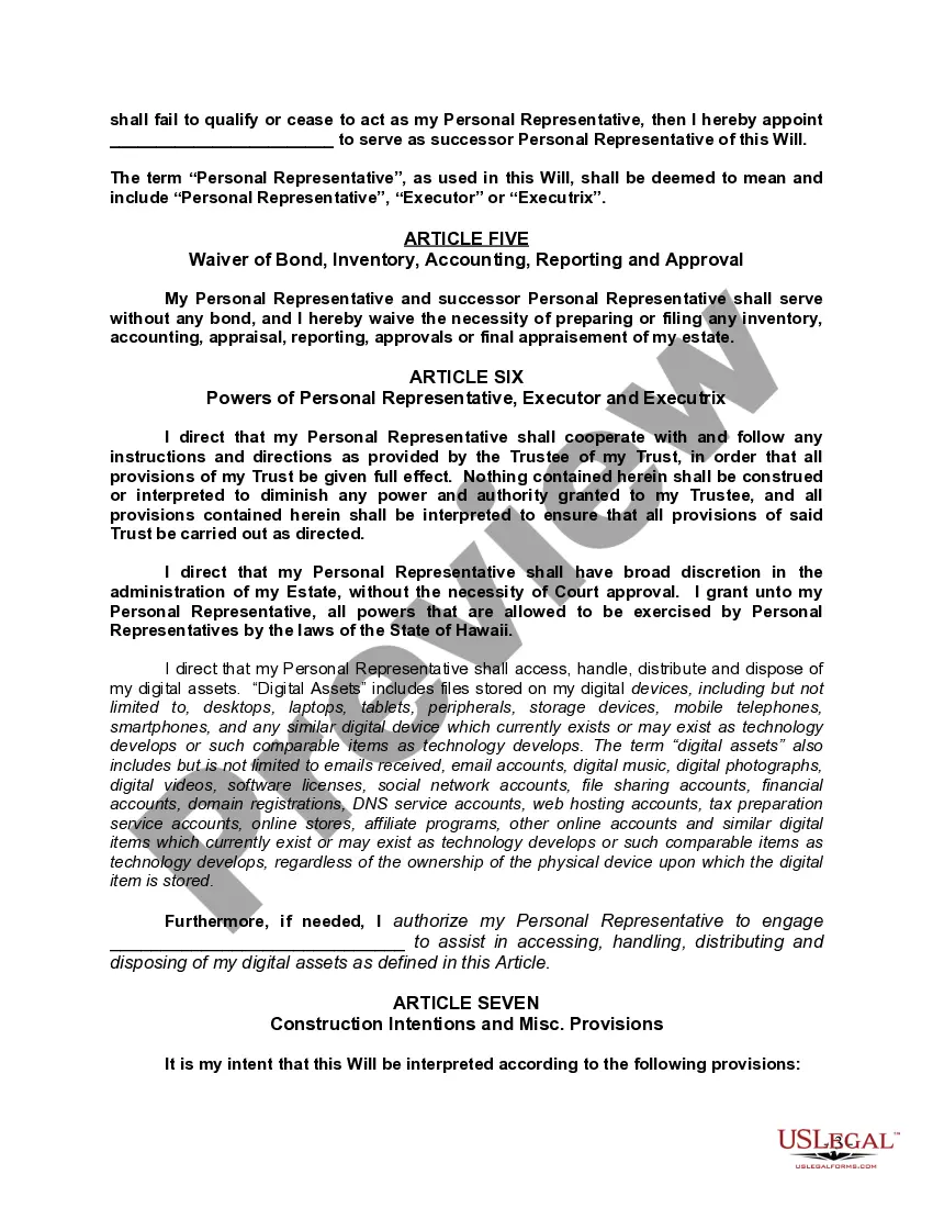 Preview Last Will and Testament with All Property to Trust called a Pour Over Will