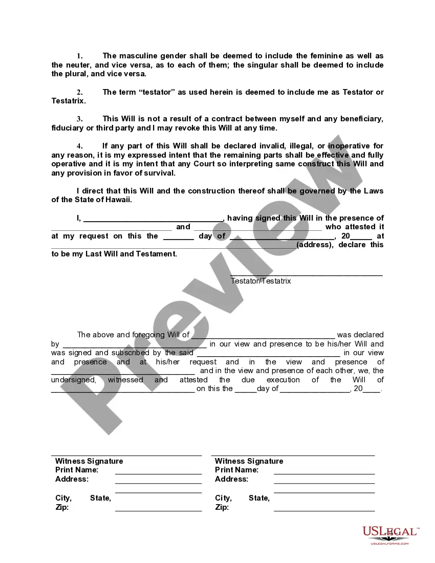 Preview Last Will and Testament with All Property to Trust called a Pour Over Will