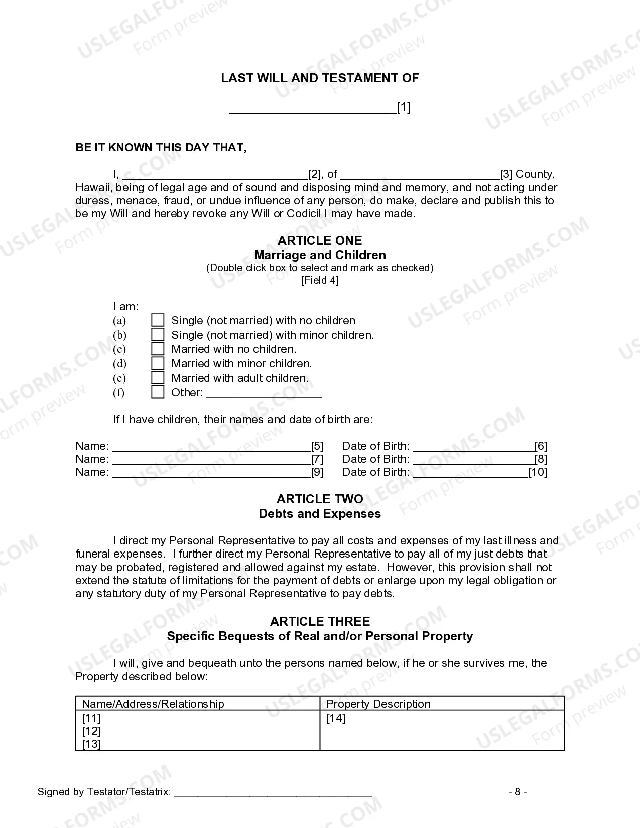 Preview Last Will and Testament for other Persons