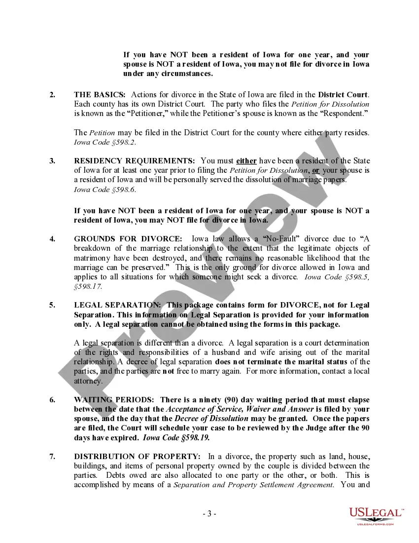 Preview Iowa No-Fault Uncontested Agreed Divorce Package for Dissolution of Marriage with Adult Children and with or without Property and Debts