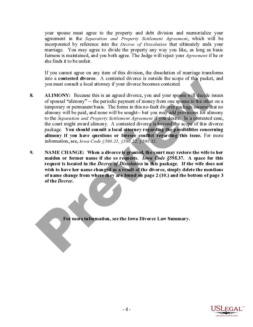 Preview Iowa No-Fault Uncontested Agreed Divorce Package for Dissolution of Marriage with Adult Children and with or without Property and Debts