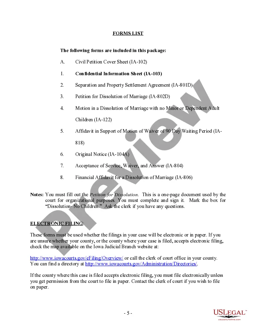 Preview Iowa No-Fault Uncontested Agreed Divorce Package for Dissolution of Marriage with Adult Children and with or without Property and Debts