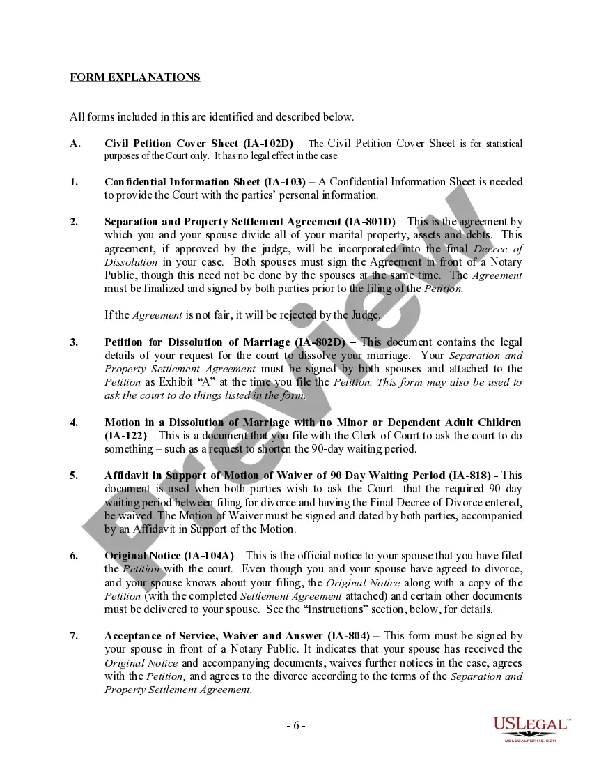 Preview Iowa No-Fault Uncontested Agreed Divorce Package for Dissolution of Marriage with Adult Children and with or without Property and Debts