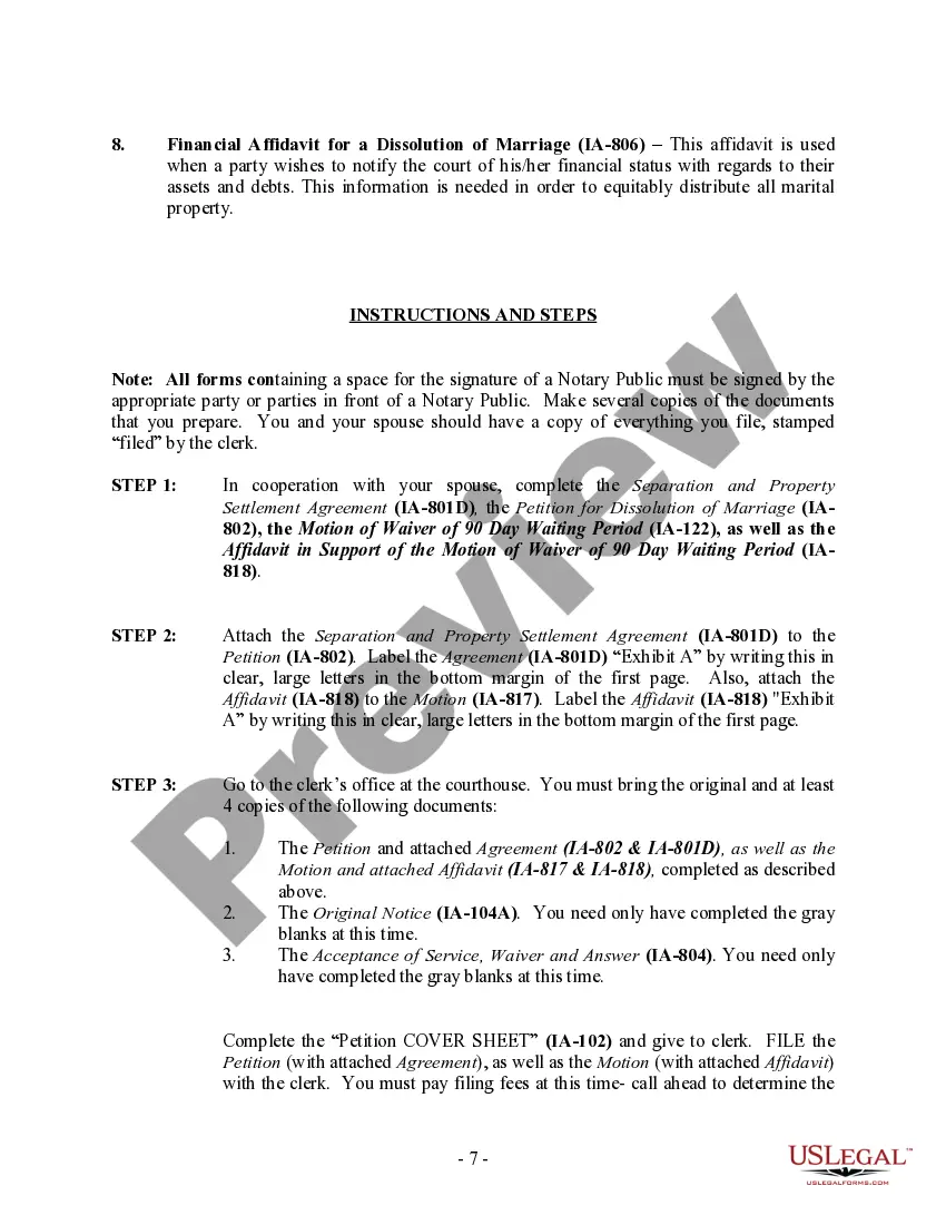 Preview Iowa No-Fault Uncontested Agreed Divorce Package for Dissolution of Marriage with Adult Children and with or without Property and Debts