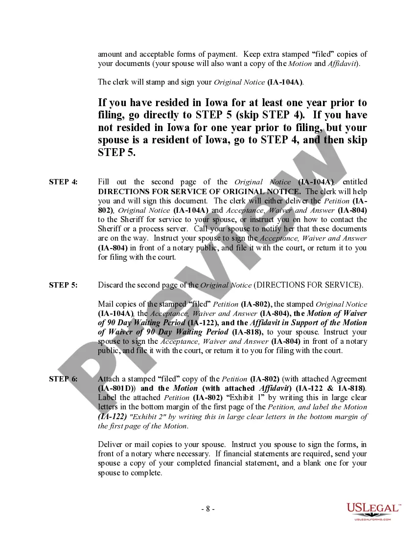 Preview Iowa No-Fault Uncontested Agreed Divorce Package for Dissolution of Marriage with Adult Children and with or without Property and Debts