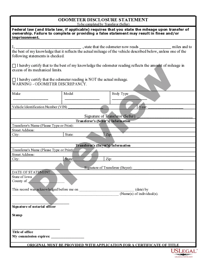 Preview Bill of Sale of Automobile and Odometer Statement