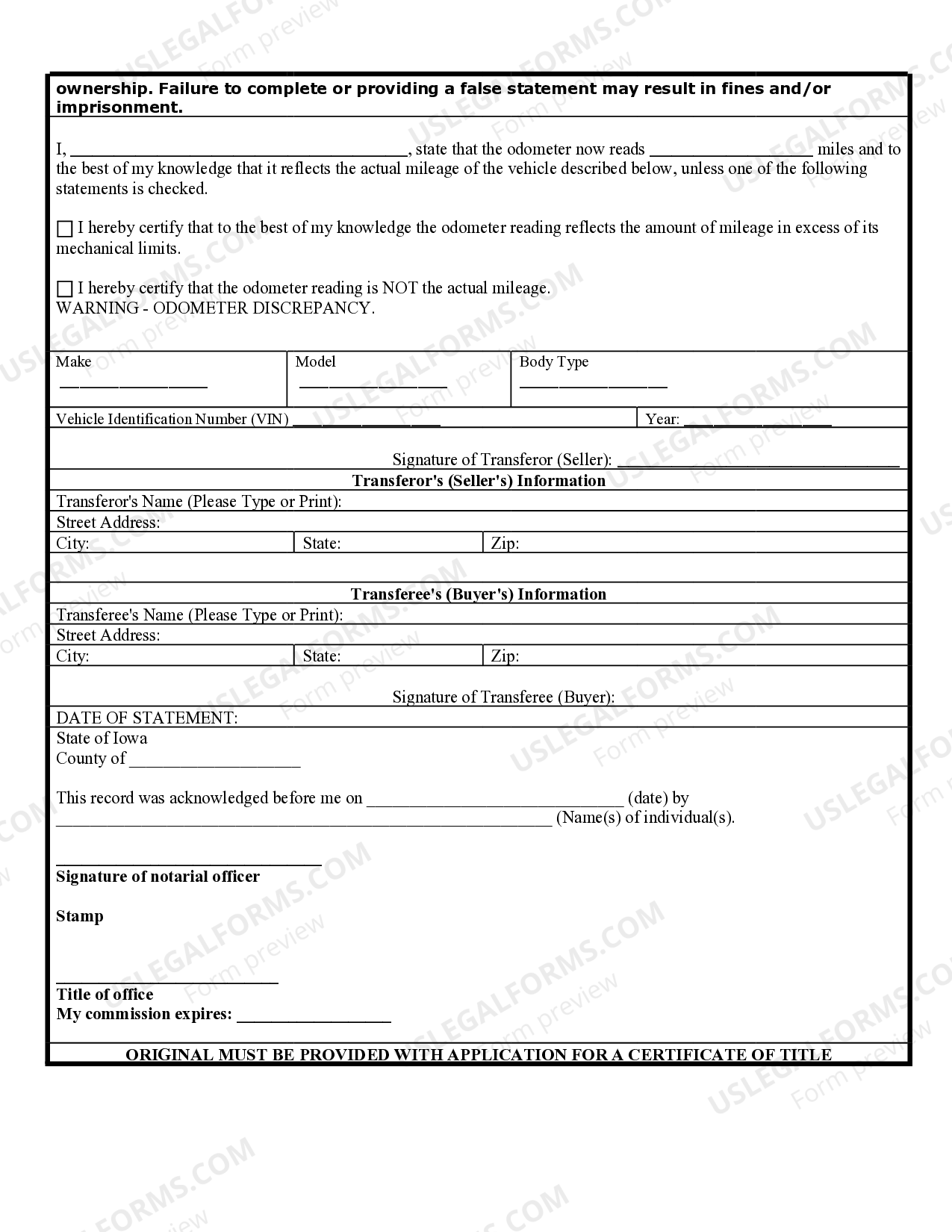 Davenport Iowa Bill of Sale of Automobile and Odometer Statement for As