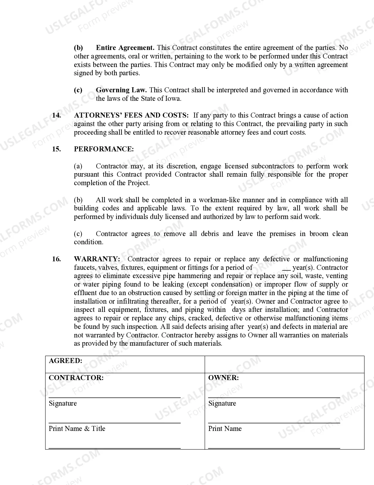 Preview Plumbing Contract for Contractor