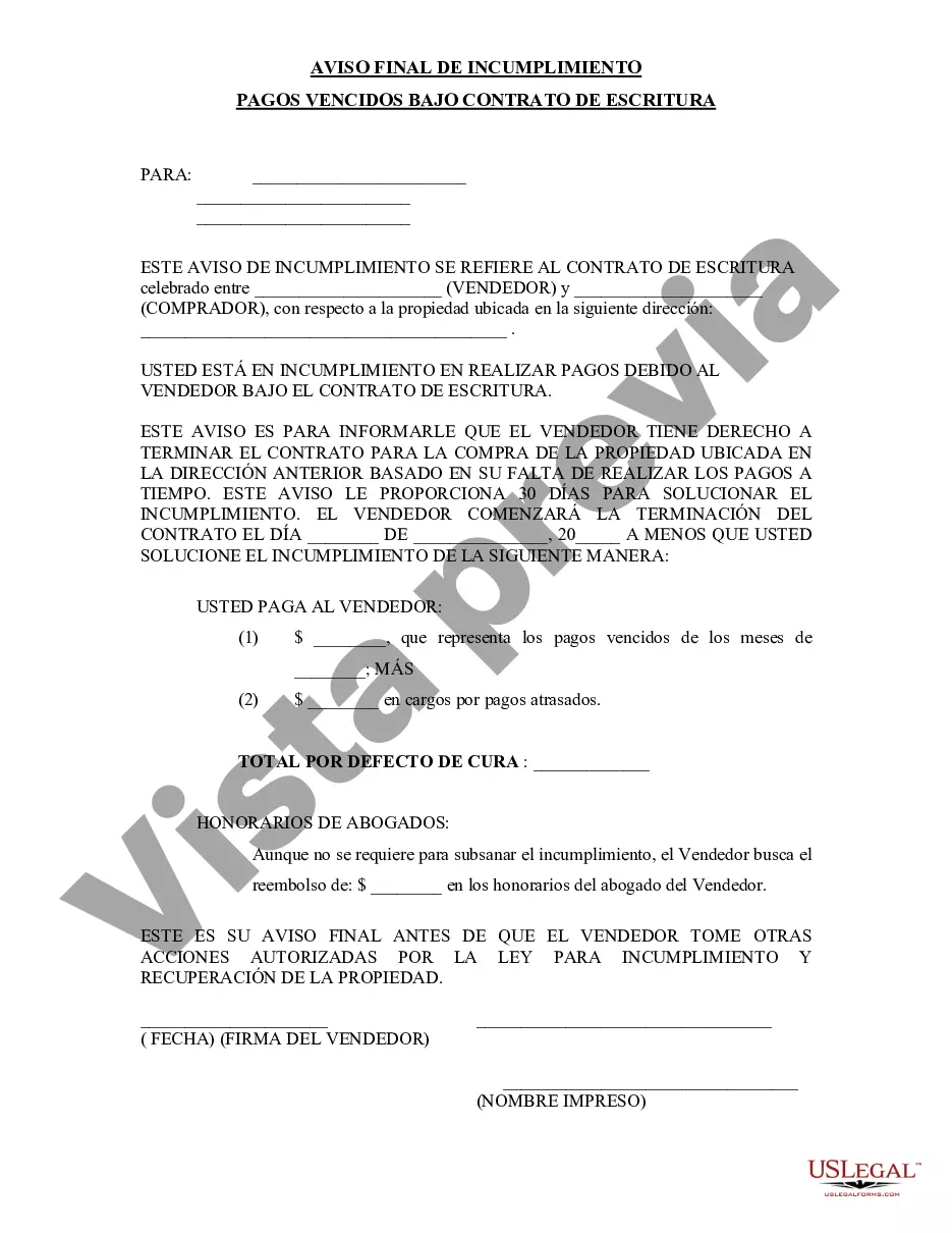 Preview Aviso final de incumplimiento de pagos vencidos en relación con el contrato de escritura