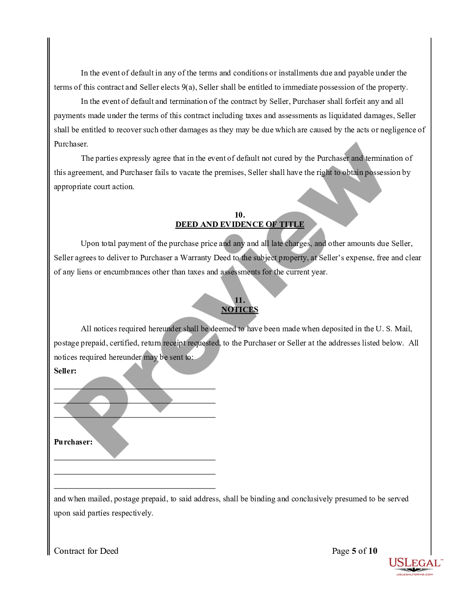 form Agreement or Contract for Deed for Sale and Purchase of Real Estate a/k/a Land or Executory Contract preview