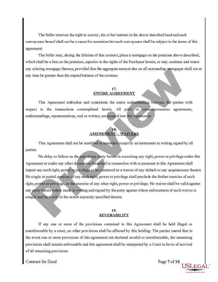 Preview Agreement or Contract for Deed for Sale and Purchase of Real Estate a/k/a Land or Executory Contract