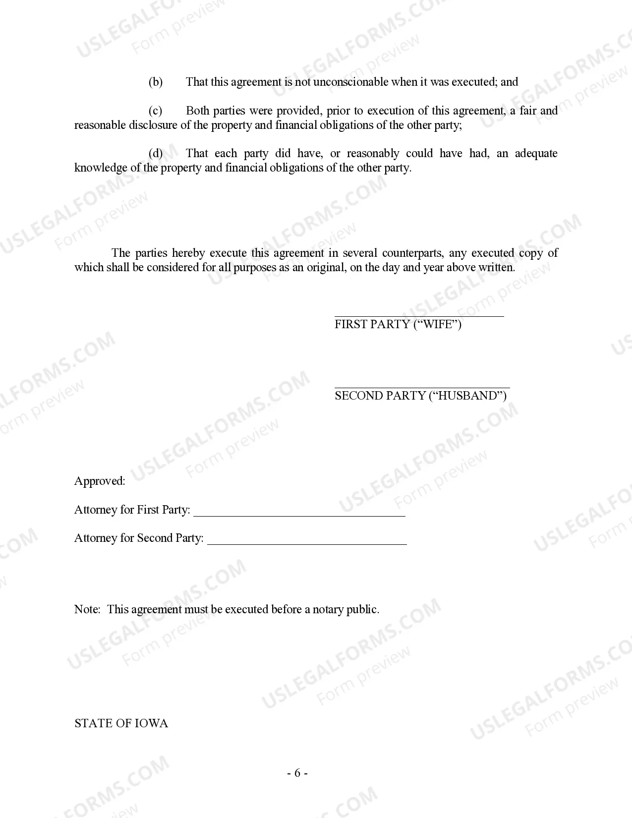 Preview Iowa Prenuptial Premarital Agreement without Financial Statements
