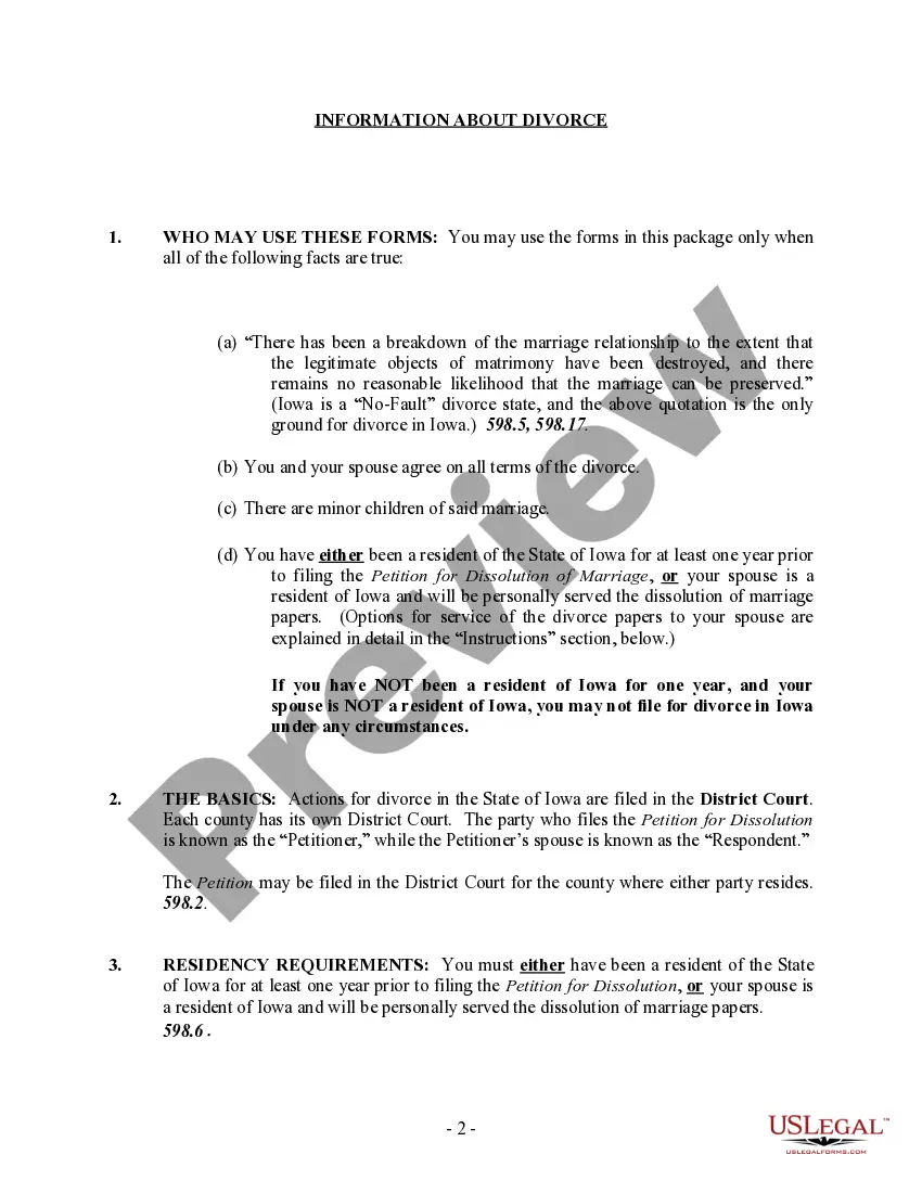Preview Iowa No-Fault Agreed Uncontested Divorce Package for Dissolution of Marriage for people with Minor Children