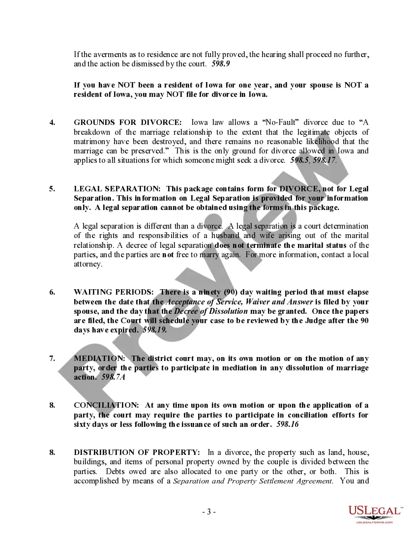 Preview Iowa No-Fault Agreed Uncontested Divorce Package for Dissolution of Marriage for people with Minor Children