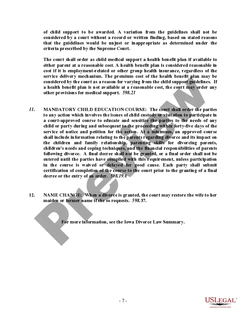 Preview Iowa No-Fault Agreed Uncontested Divorce Package for Dissolution of Marriage for people with Minor Children
