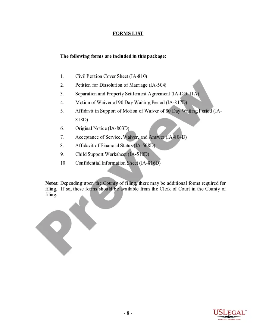 Preview Iowa No-Fault Agreed Uncontested Divorce Package for Dissolution of Marriage for people with Minor Children