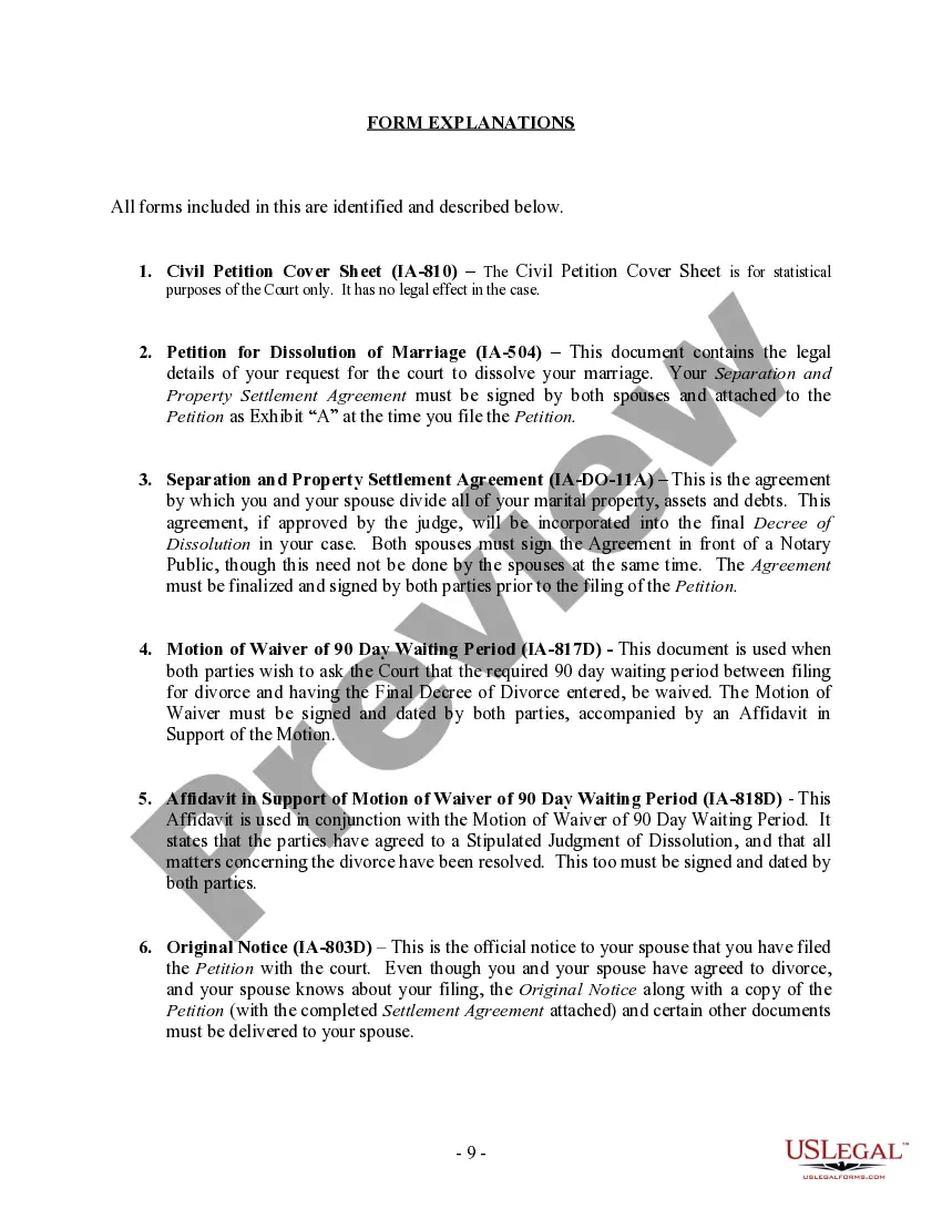 Preview Iowa No-Fault Agreed Uncontested Divorce Package for Dissolution of Marriage for people with Minor Children
