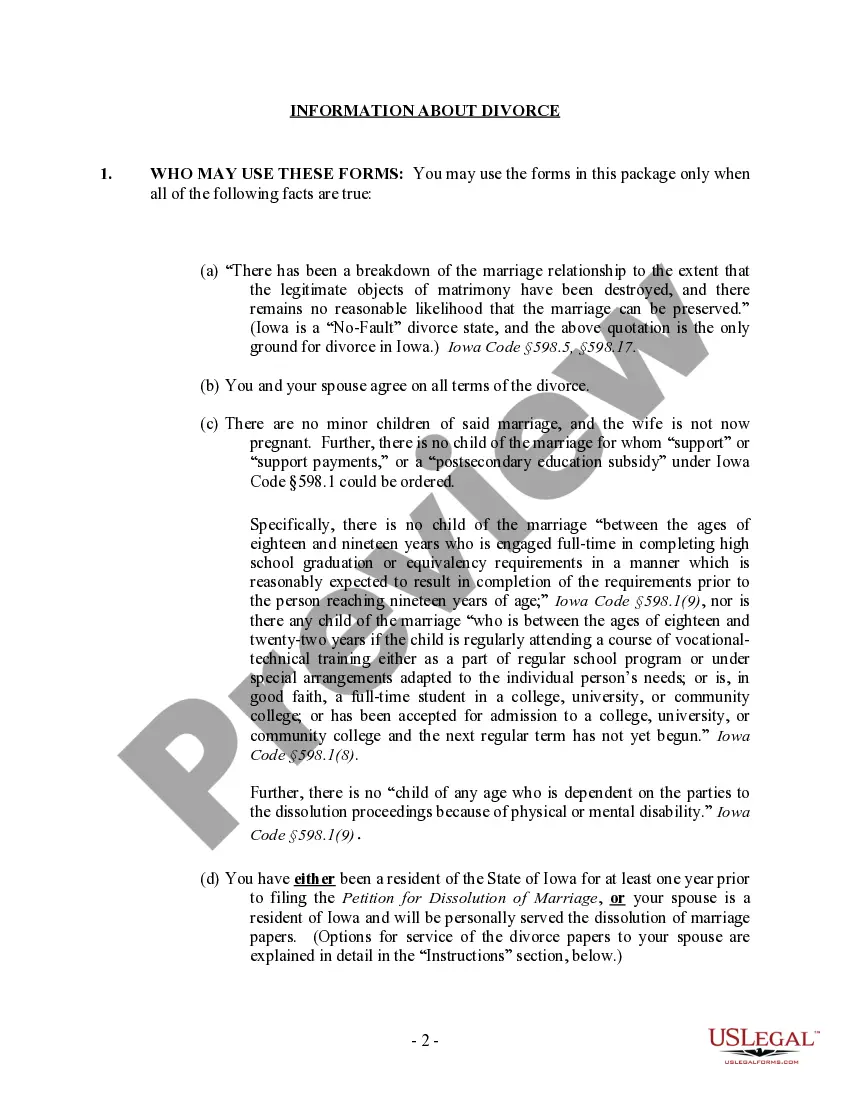 Preview Iowa No-Fault Agreed Uncontested Divorce Package for Dissolution of Marriage for Persons with No Children with or without Property and Debts