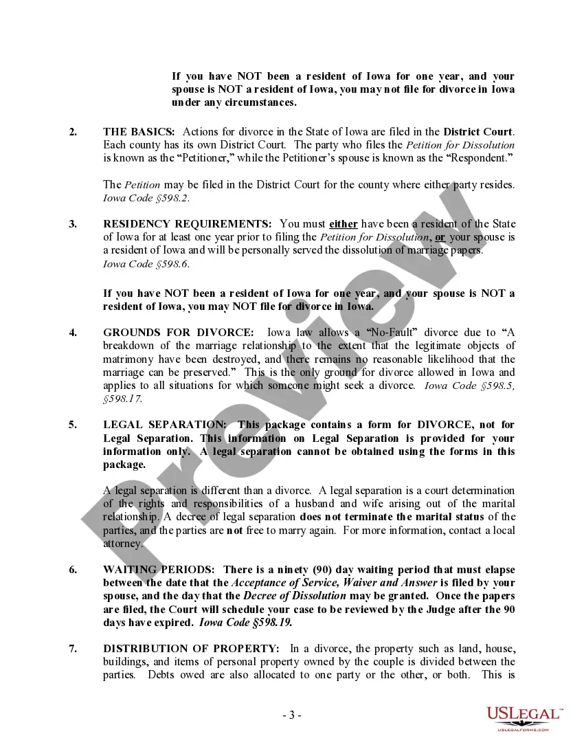 Preview Iowa No-Fault Agreed Uncontested Divorce Package for Dissolution of Marriage for Persons with No Children with or without Property and Debts