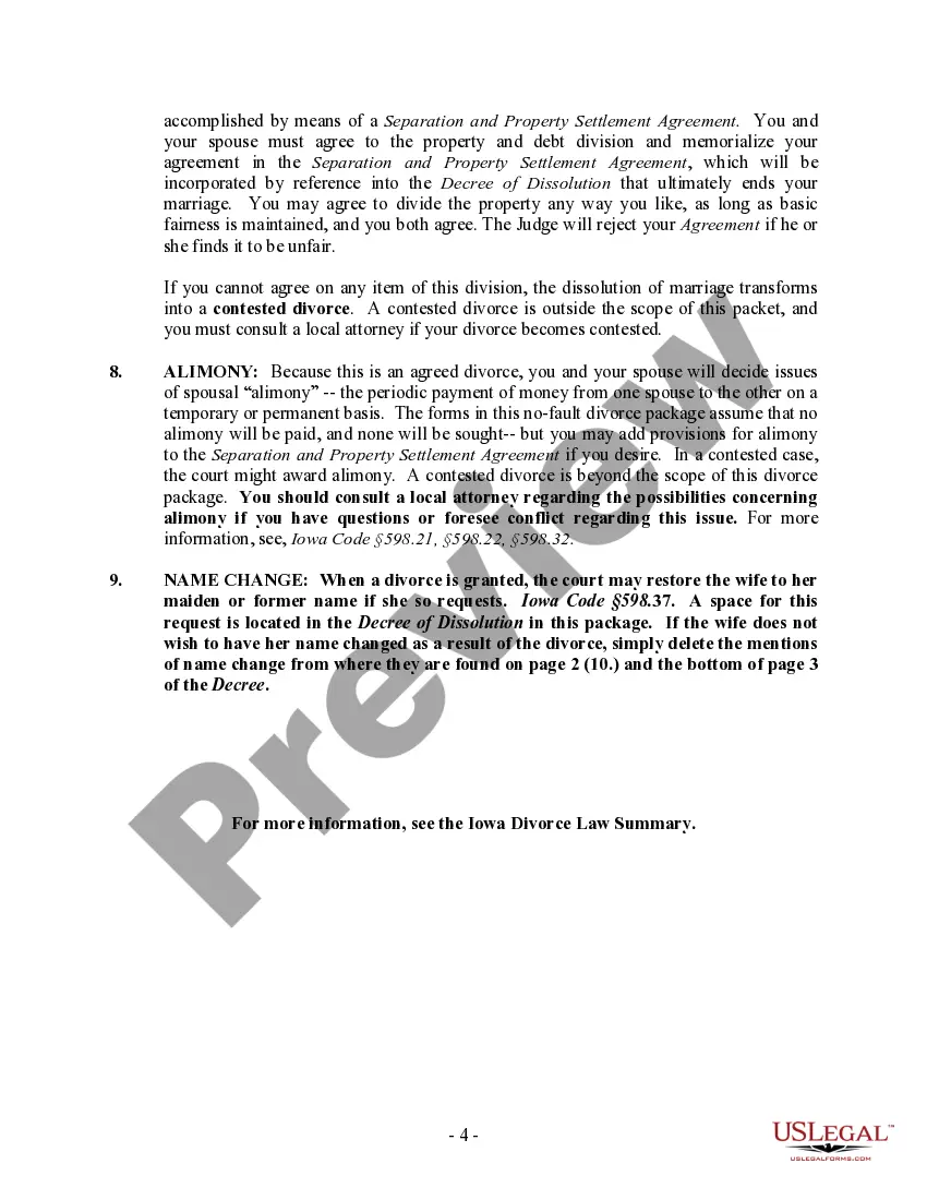 Preview Iowa No-Fault Agreed Uncontested Divorce Package for Dissolution of Marriage for Persons with No Children with or without Property and Debts