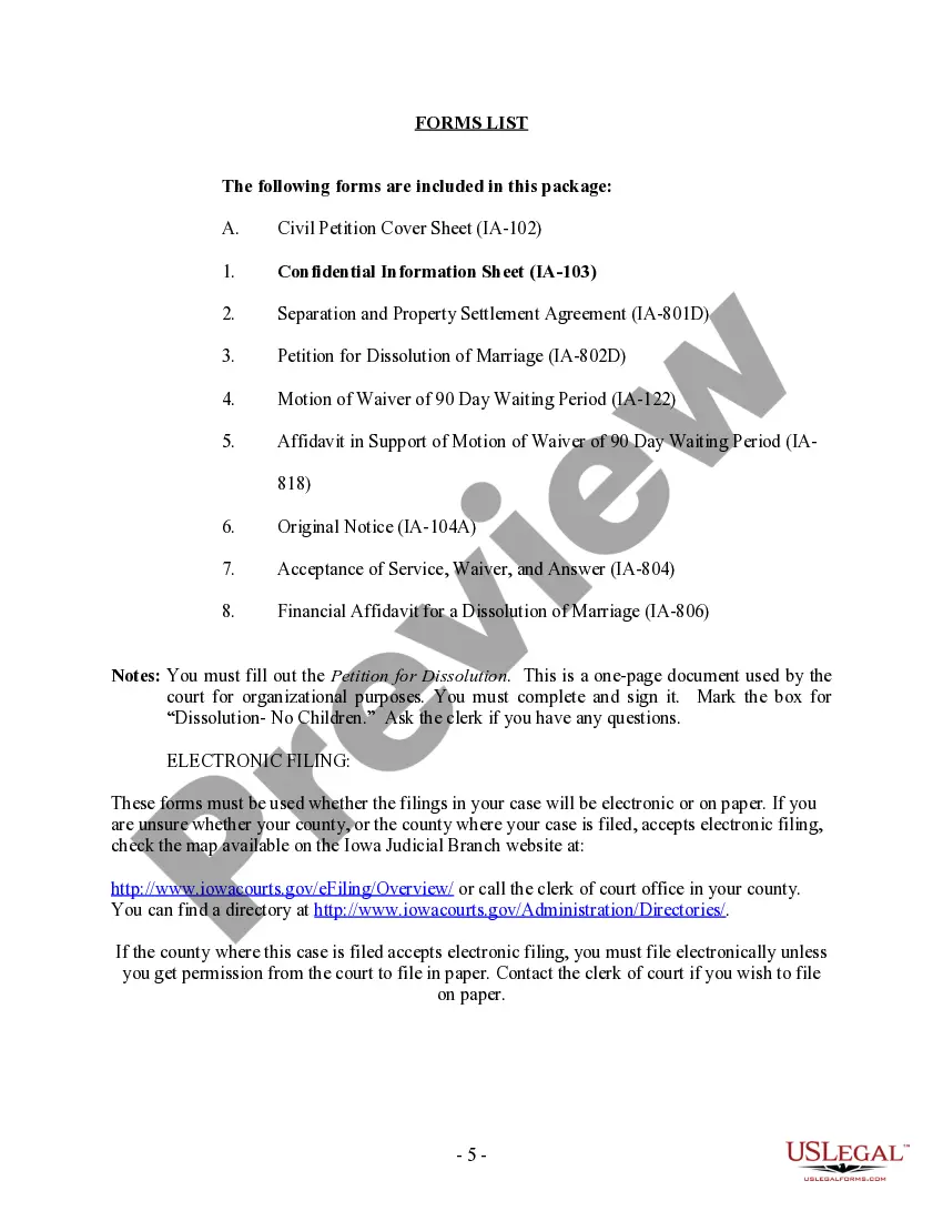 Preview Iowa No-Fault Agreed Uncontested Divorce Package for Dissolution of Marriage for Persons with No Children with or without Property and Debts