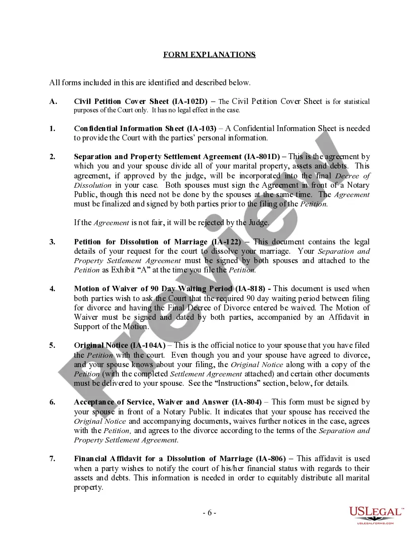 Preview Iowa No-Fault Agreed Uncontested Divorce Package for Dissolution of Marriage for Persons with No Children with or without Property and Debts