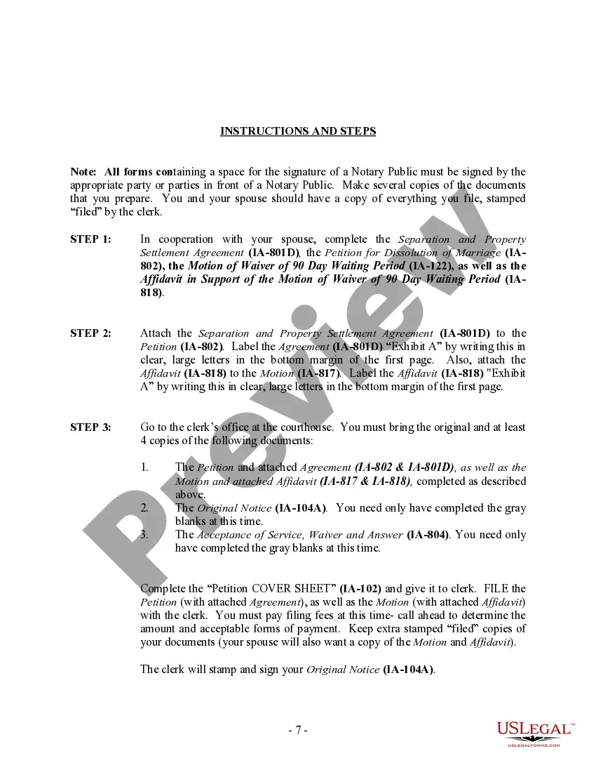 Preview Iowa No-Fault Agreed Uncontested Divorce Package for Dissolution of Marriage for Persons with No Children with or without Property and Debts