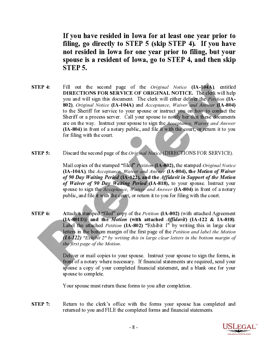 Preview Iowa No-Fault Agreed Uncontested Divorce Package for Dissolution of Marriage for Persons with No Children with or without Property and Debts