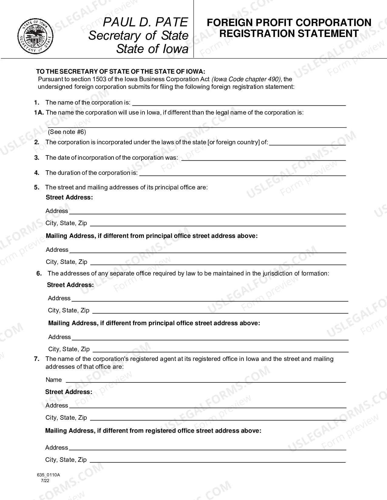 Preview Iowa Registration of Foreign Corporation
