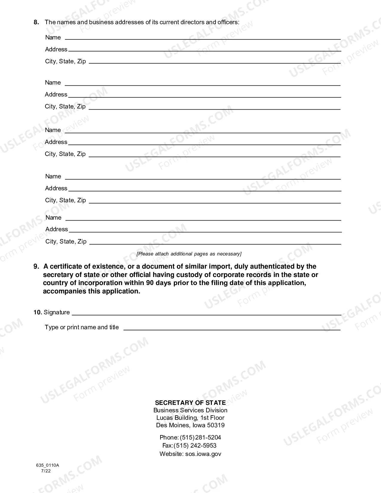 Preview Iowa Registration of Foreign Corporation