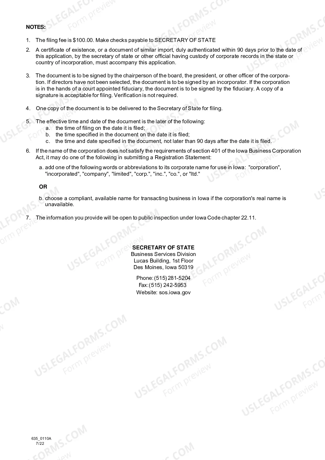 Preview Iowa Registration of Foreign Corporation