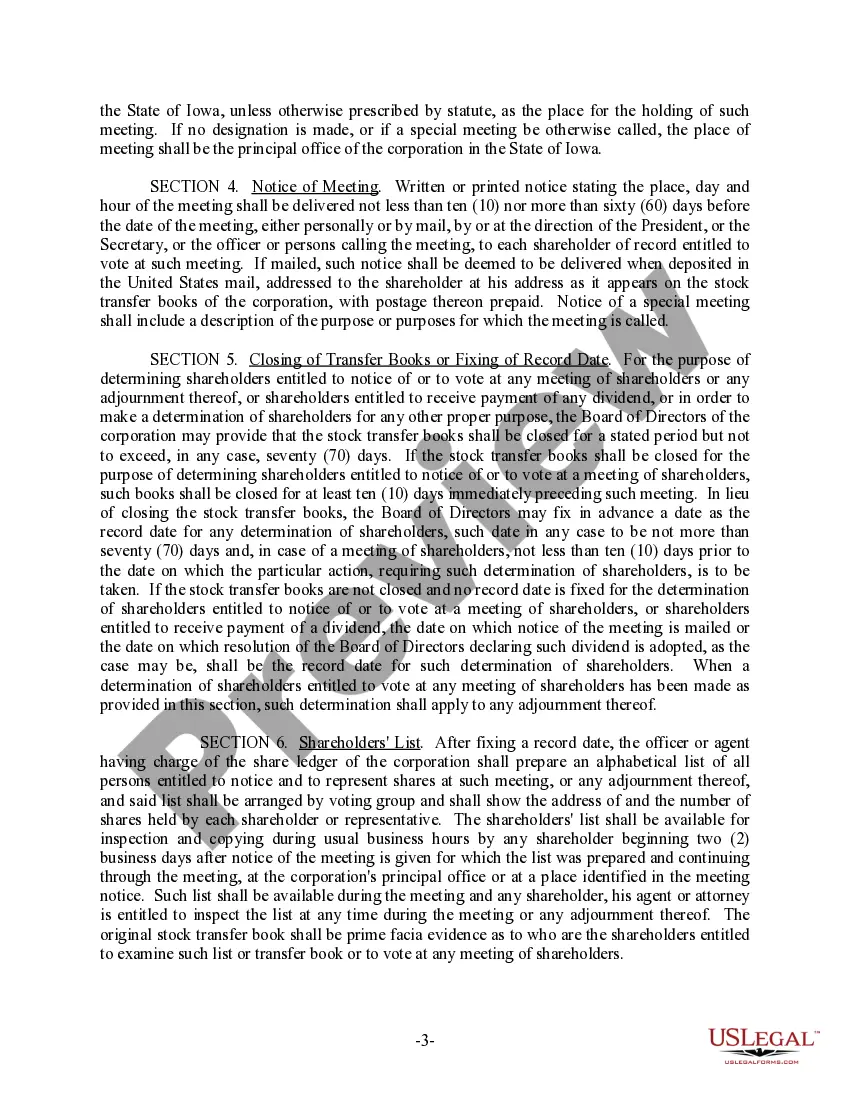 Preview Iowa Bylaws for Corporation