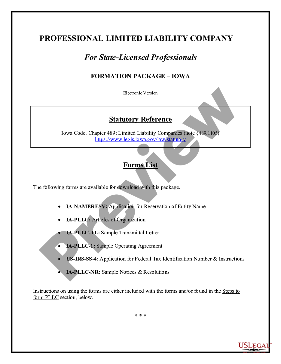 page 1 Iowa Professional Limited Liability Company PLLC Formation Package preview
