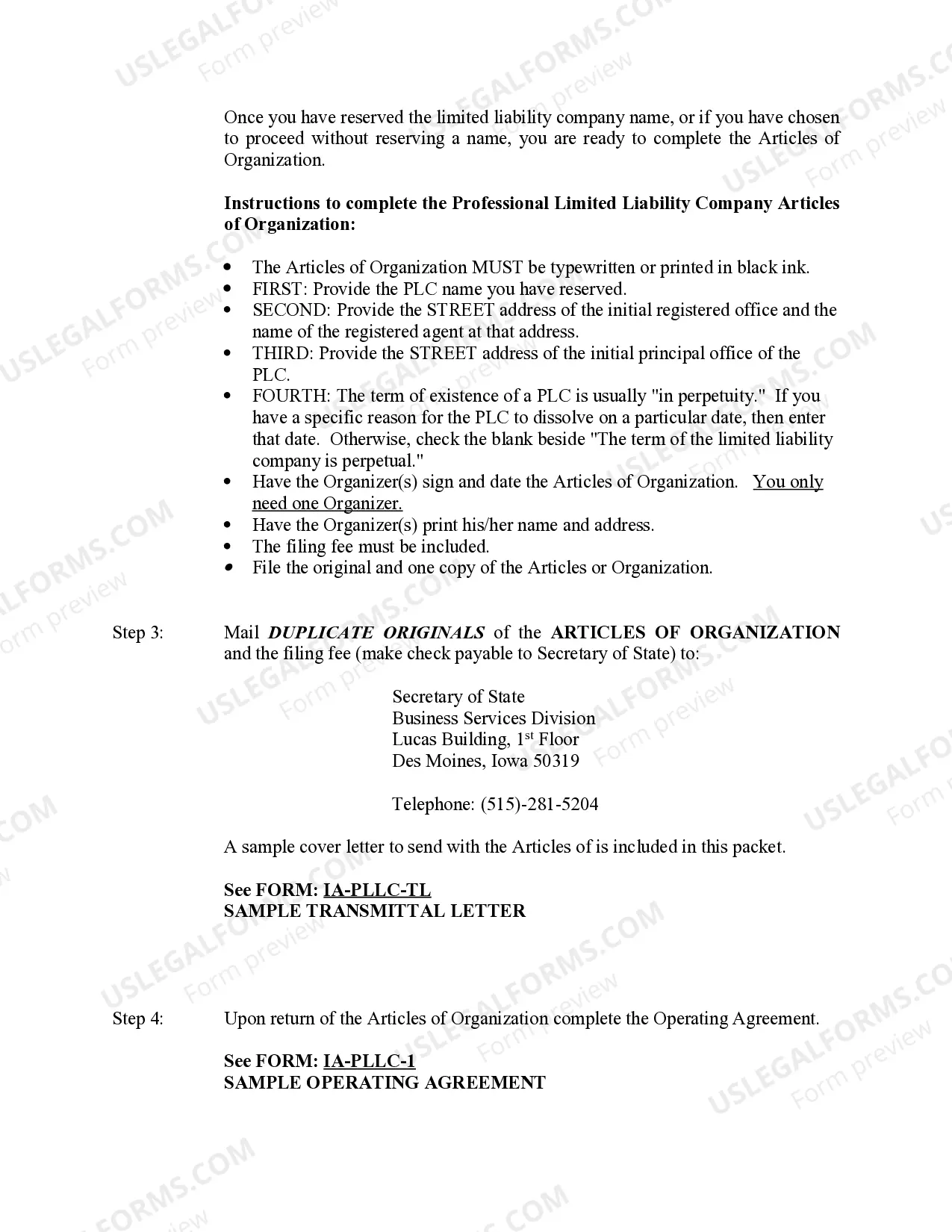 Preview Iowa Professional Limited Liability Company PLLC Formation Package