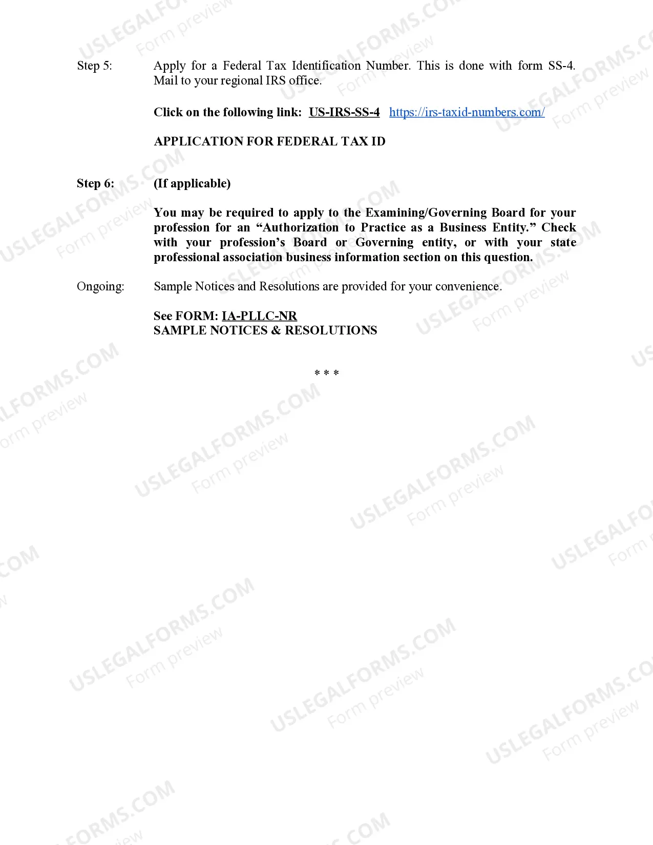 Preview Iowa Professional Limited Liability Company PLLC Formation Package