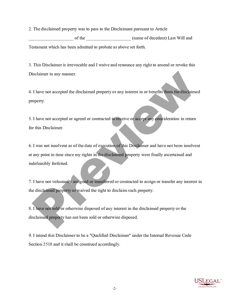 page 1 Iowa Renunciation and Disclaimer of Property from Will by Testate preview