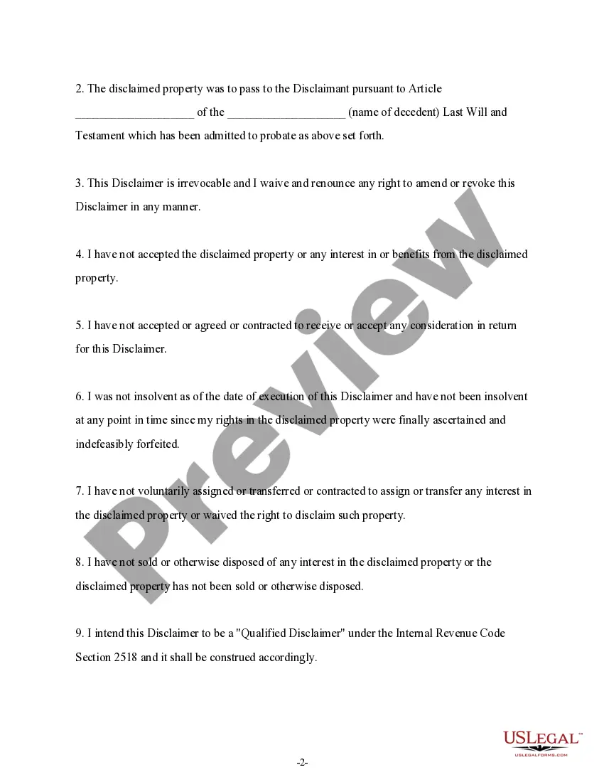 Preview Iowa Renunciation and Disclaimer of Property from Will by Testate